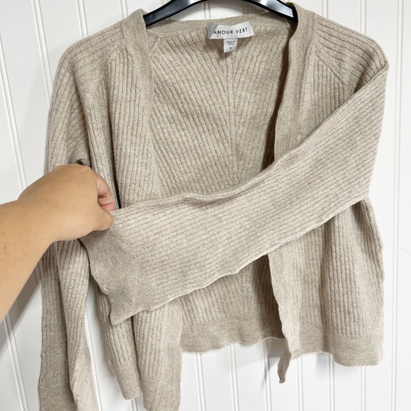 Amour Vert Light Taupe Wool Ribbed Knit Open Front Cardigan Sweater Small S - Picture 3 of 6